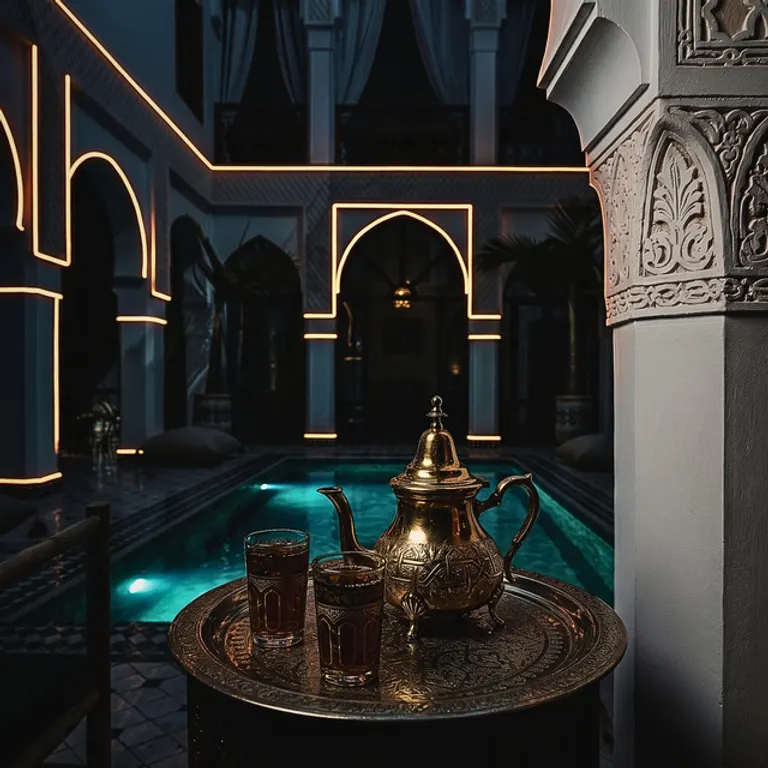 براد ديال أتاي وكيسان فوق صينية نحاس، فرياض فالليل قدّام صهريج مضوّي