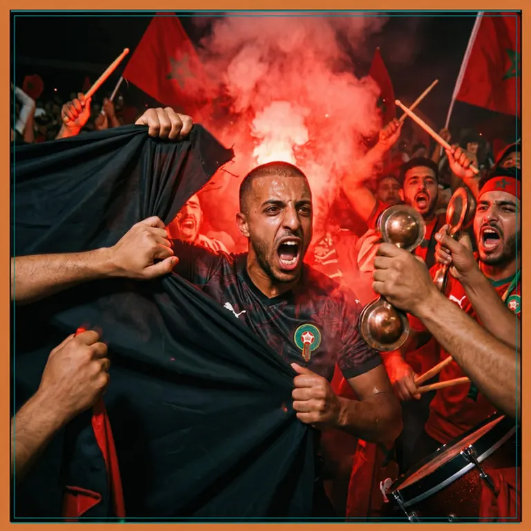 مشجعين مغاربة كيغوّتو وسط دخان أحمر وراية، ووحد فيهم شاد قراقب